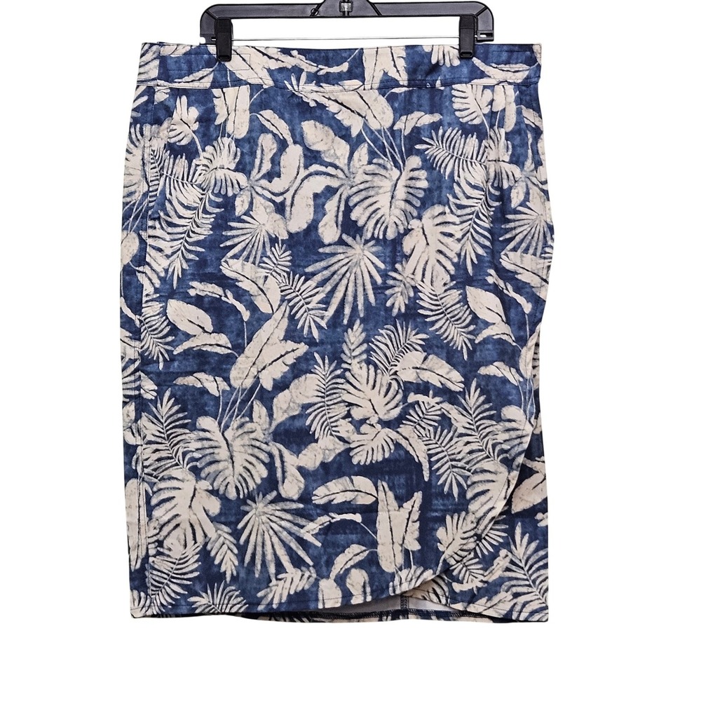 RipSkirt Tropical Leaf Print‎ Wrap Style Midi Skirt XL Resortwear Blue White